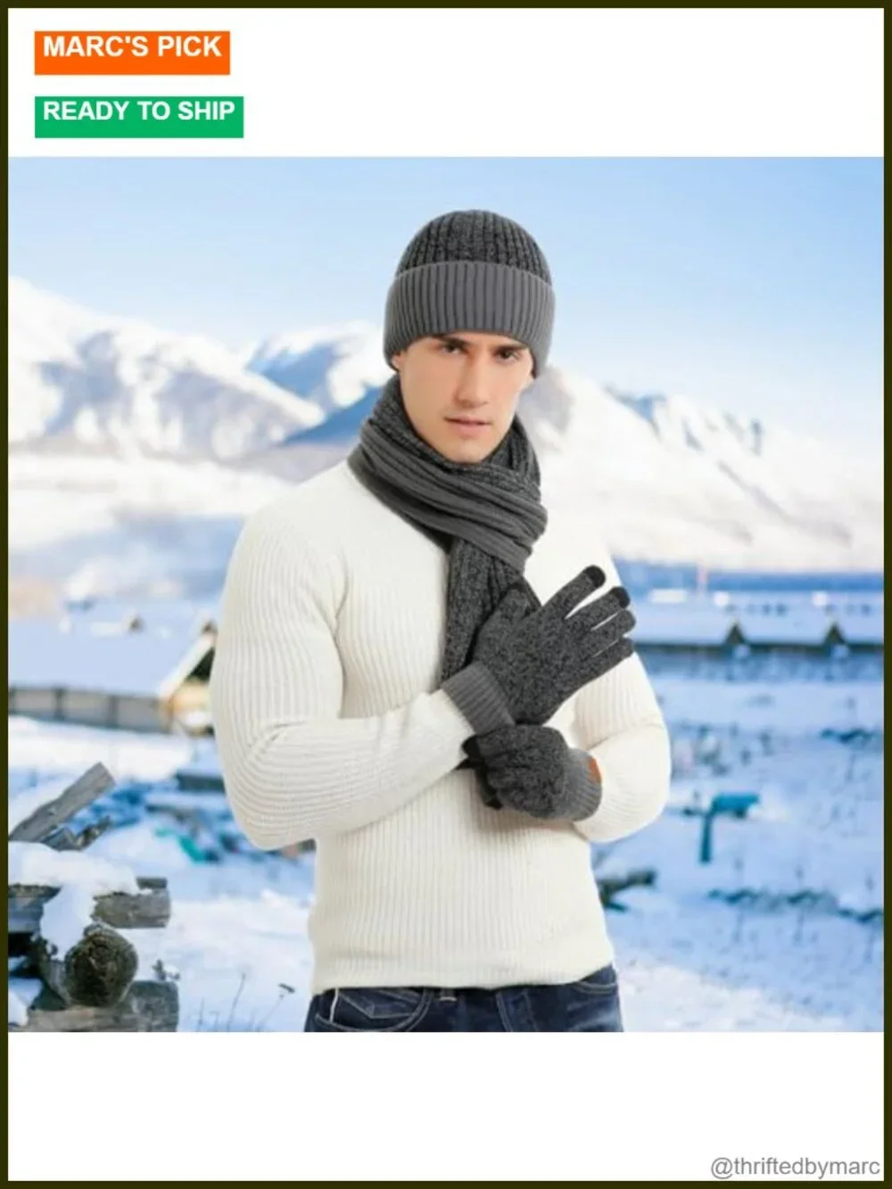 Men's 3 Piece Winter Set Knit Beanie Scarf Touchscreen Gloves Fleece Lined